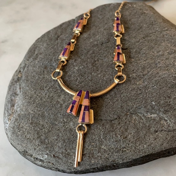 Vintage Navajo Tom David 14K Inlay Necklace and Earrings Native American - Picture 6 of 16